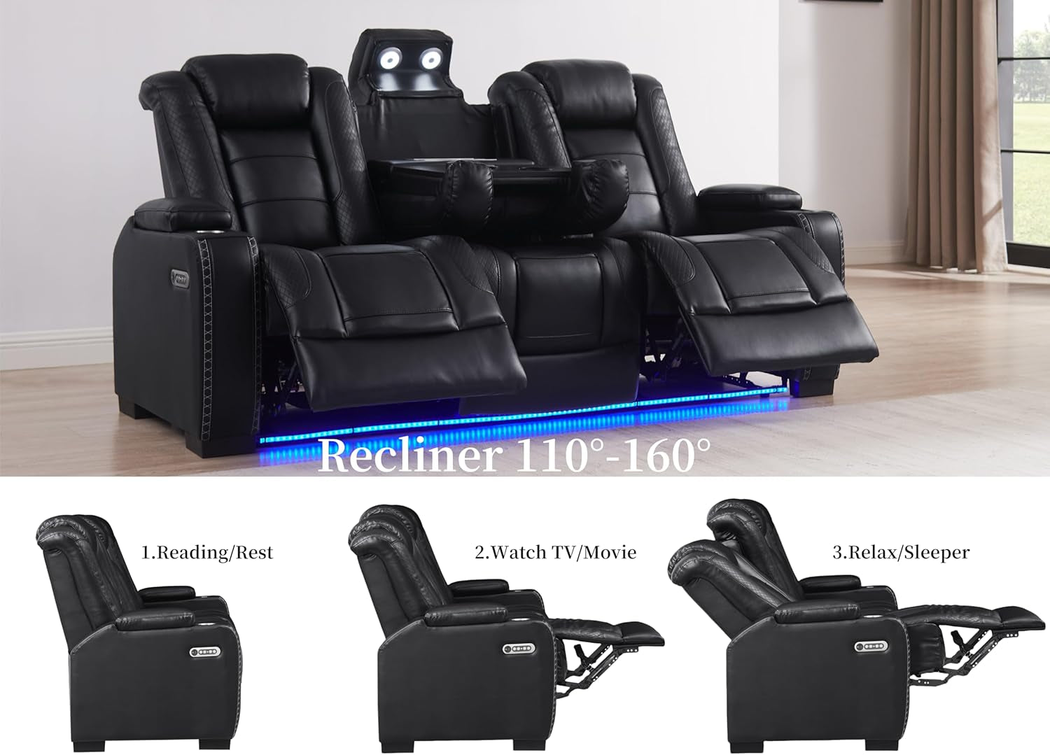 Breather Leather Power Recliner Sofa Couch Set with Adjustable Headrest and Cup Holders, Reclining Couches with Bluetooth Speaker and Wireless Charging for Living Room. Black-4