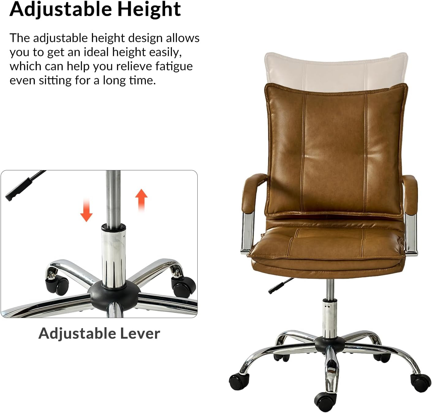 Faux Leather Home Office Desk Chair, Adjustable Swivel Computer Chair with Sliver Legs and Arms, Comfy Upholstered Task Chair(Brown)-4
