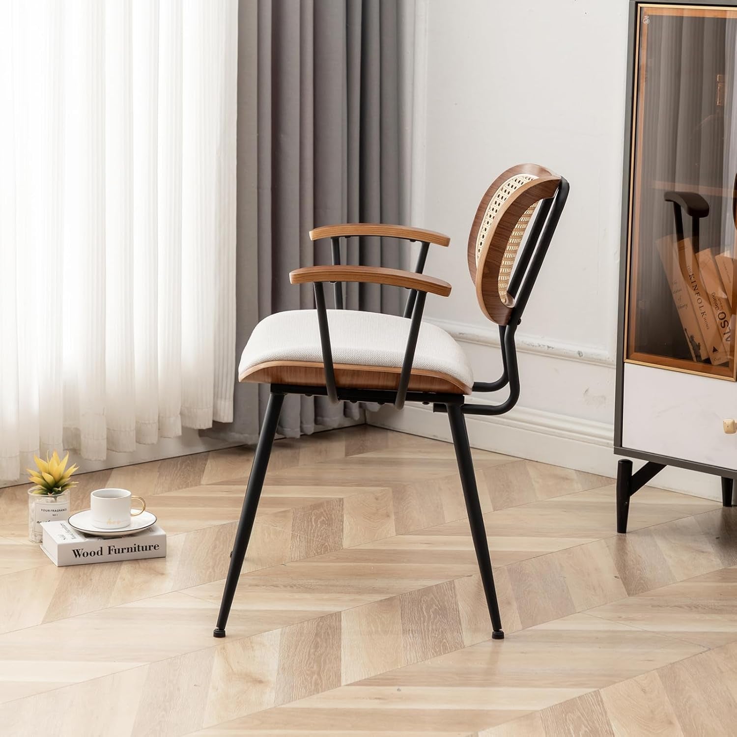 Rattan Dining Room Chairs Set of 2,Mid Century Modern Kitchen Side Chairs, Metal Legs Desk Chairs,Linen Fabric Accent Chairs with Arms and Rattan Backrest,Beige Fabric-2
