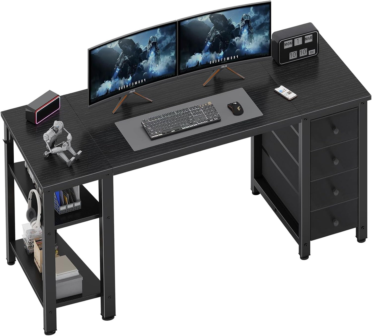 Gaming Desk with 4 Fabric Drawers & Storage Shelves, 55 Inch Computer Writing Work Study Desk for Home Office Bedroom, Modern Simple Student PC Desks Table, Black-0