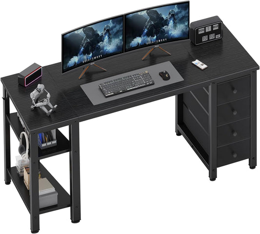 Gaming Desk with 4 Fabric Drawers & Storage Shelves, 55 Inch Computer Writing Work Study Desk for Home Office Bedroom, Modern Simple Student PC Desks Table, Black-0