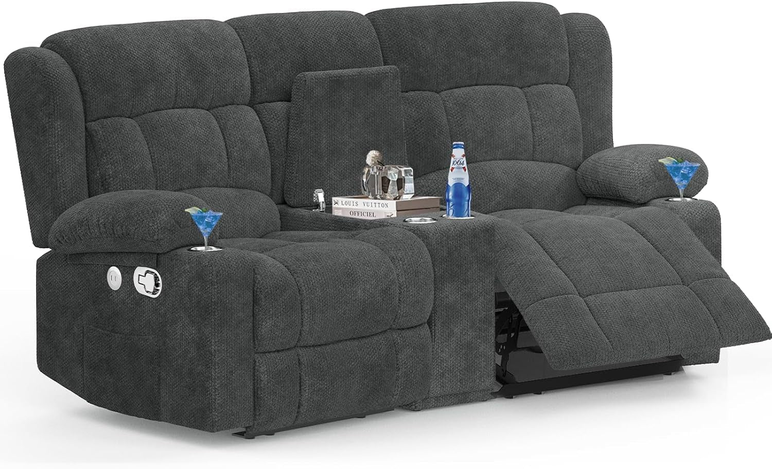 Loveseat Recliner Sofa, 2 Seater Curved Sofa for Living Room, Reclining Loveseat Sofa with Storage Console, Fabric Manual Pull Tab Reclining Loveseat with USB Charge Ports, Cup Holders (Grey)-0