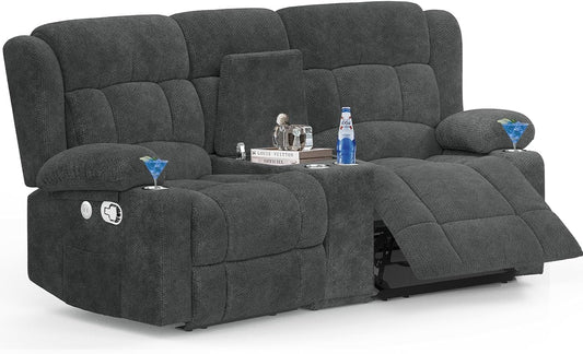 Loveseat Recliner Sofa, 2 Seater Curved Sofa for Living Room, Reclining Loveseat Sofa with Storage Console, Fabric Manual Pull Tab Reclining Loveseat with USB Charge Ports, Cup Holders (Grey)-0