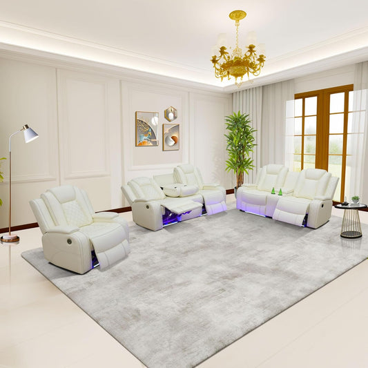 Power Recliner Set with LED Lights, Air Leather Reclining Set with USB Port/Wireless Charger/Storage Console/Cup Holder for House/Hometheater/Apt (Ivory White, Sofa Loveseat Chair)-0