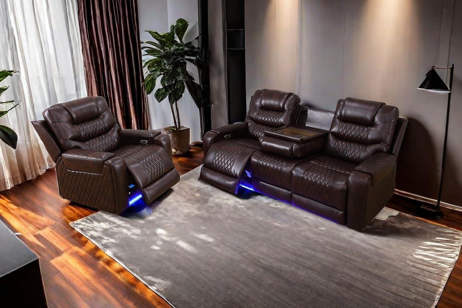 LED Power Recliner Sofa for Living Room Furniture Set, Leather Sectional Sofa Set, Reclining Sofa and Loveseat with USB Port/Storage Console/Cup Holders(Dark Brown Sofa+Chair)-0