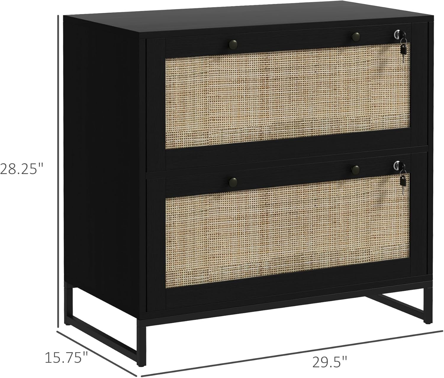 2 Rattan Drawer File Cabinet with Lock, Lateral Filing Cabinet with Adjustable Hanging Bar for Letter, A4 and Legal Size Files, Printer Stand for Home Office, Black-2
