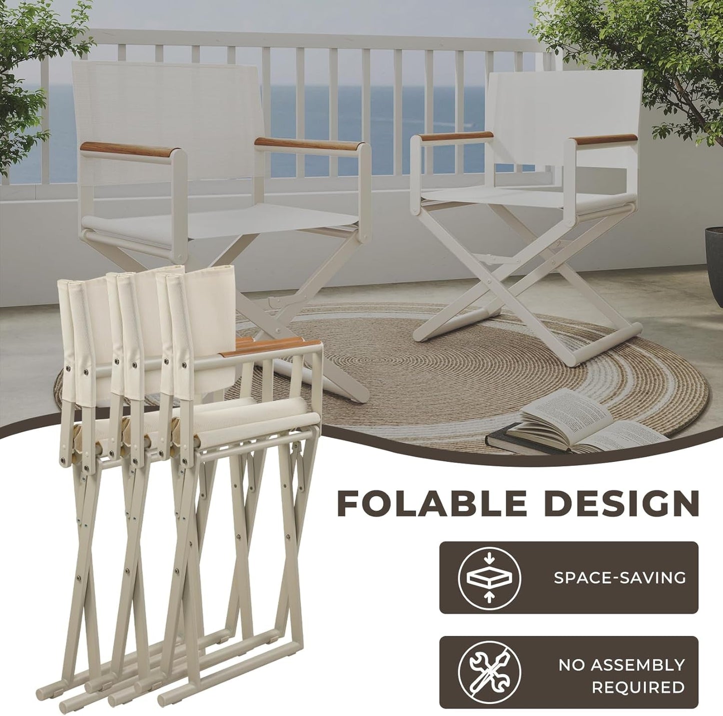 11-Piece Outdoor Dining Set, 10 Extra-Wide Folding Chairs & 1 Rectangle Expandable Table for 6-8 Person, Sling Mesh Patio Chairs with Wood Grain Table for Yard, Poolside, Deck, Apricot-3