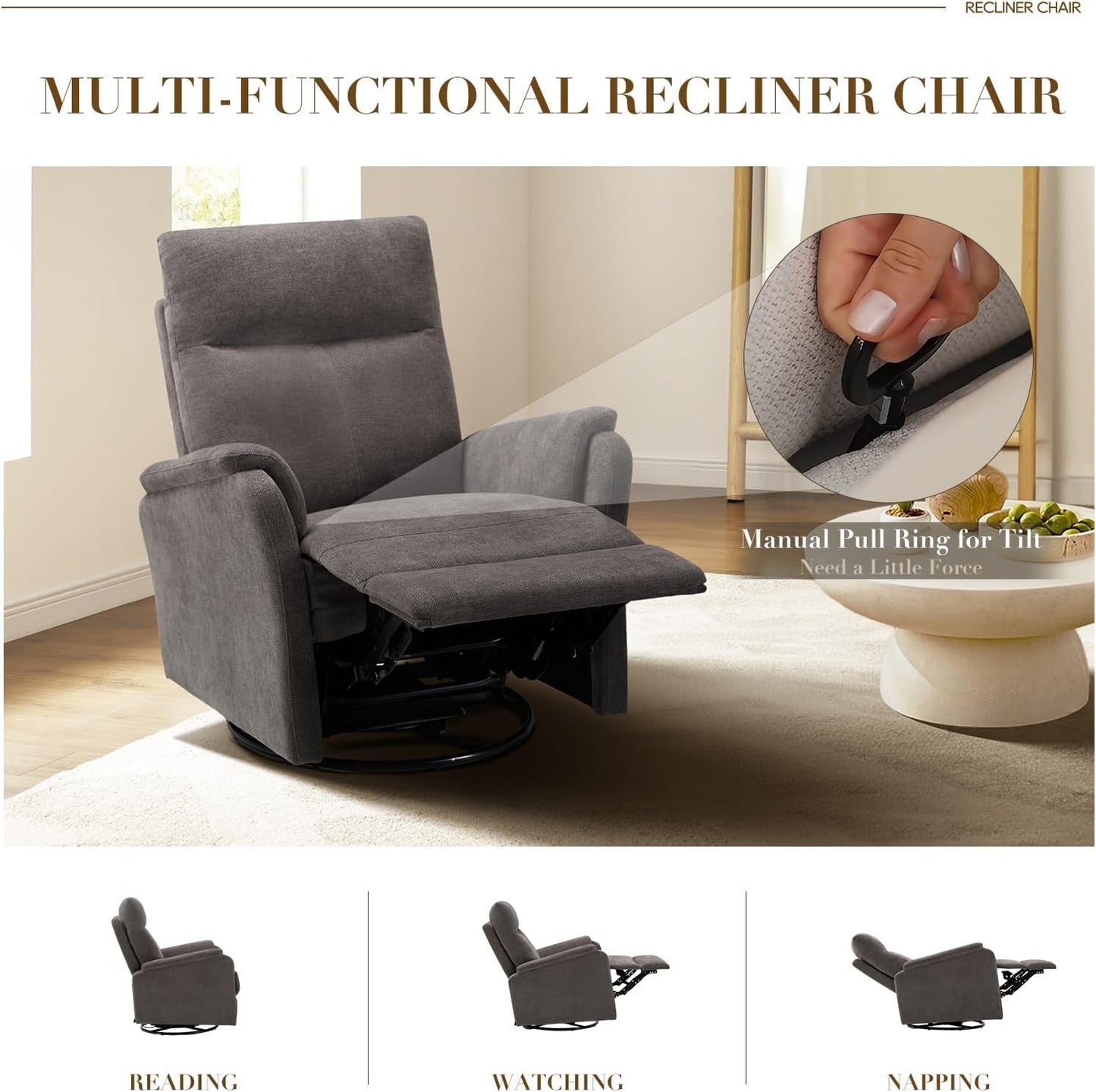 Swivel Rocking Recliner Glider Chair, Upholstered Fabric Reclining Rocker Chair with Footrest for Living Room, Nursery, Bedroom, Ergonomic High Backrest, Wide Seat Cushion and Metal Base-Charcoal-3