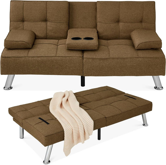 Linen Modern Folding Futon, Reclining Sofa Bed for Apartment, Dorm W/Removable Armrests, 2 Cupholders - Brown-0