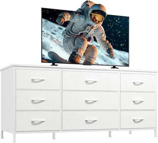 Dresser TV Stand with 9 Drawers for 60'' TV Stand for Bedroom Long Dresser for Bedroom Wide Dressers & Chests of Drawers, Sturdy Metal Frame & Wood Top, Living Room, Closet, White-0