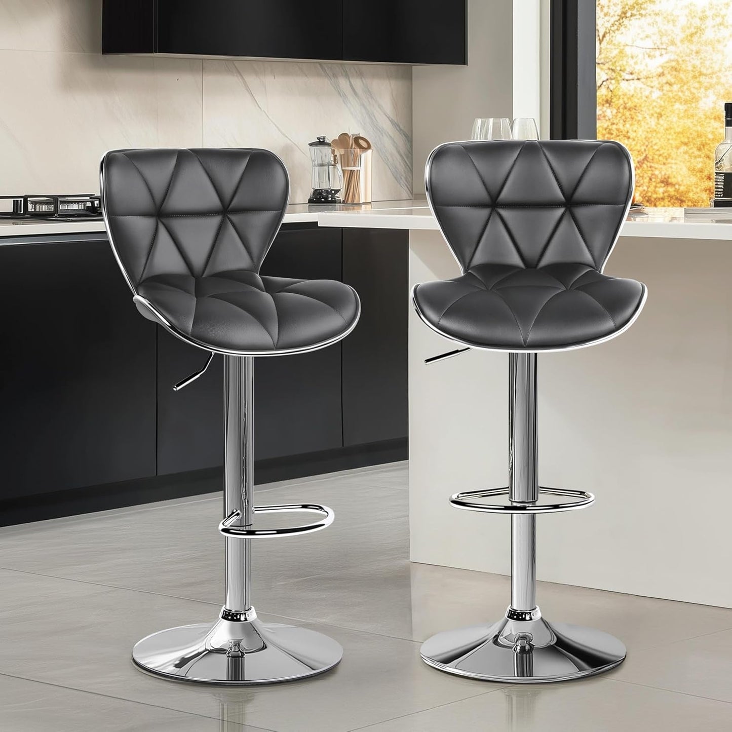 Bar Stools, Stylish Adjustable PU Leather Swivel Barstools, Counter Height Bar Chair Set of 2 with Foma Padded for Home Kitchen, Grey-1