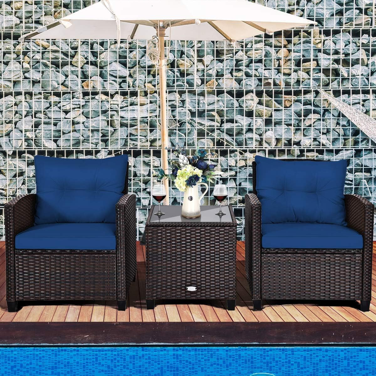 3 Piece Patio Furniture Set, Outdoor Conversation Set with Washable Cushions & Tempered Glass Tabletop, PE Rattan Wicker Bistro Set for Porch, Garden, Balcony (Navy Blue)-1