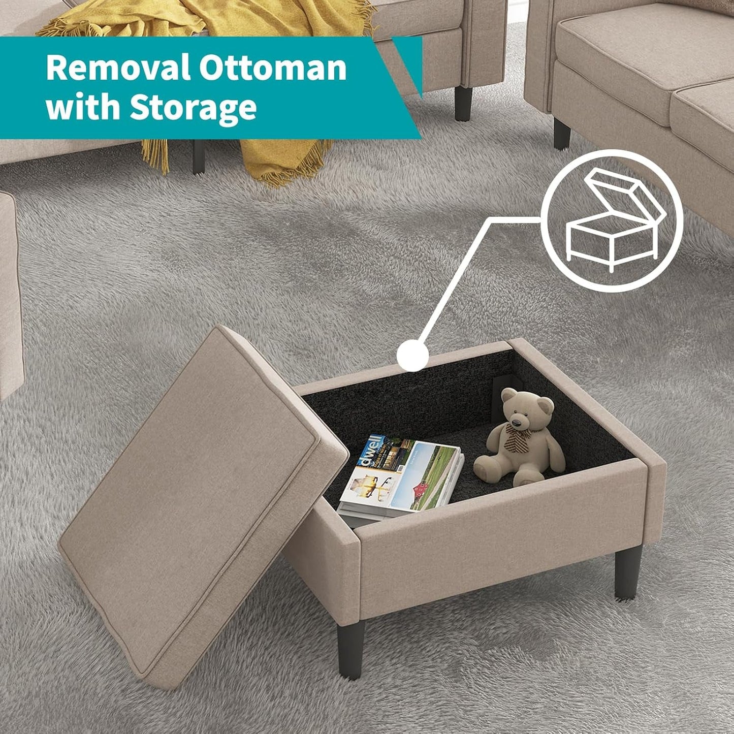 Sectional Sofa Set for Living Room, 4Pcs Couches Modern Sofas with Movable Storage Ottoman/Side Pockets/Modern Sofas/Easy Assembly/Free Combination - Beige-2