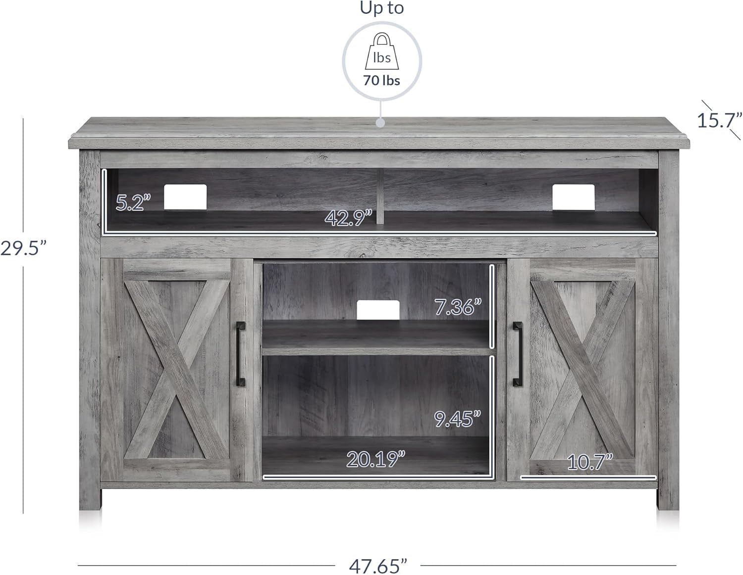Modern 48 Inch Barn Door Wood TV Stand & Media Entertainment Center Console Table for Tvs up to 50 Inches with Two Open Shelves and Cabinets - Corin (Gray Wash)-4