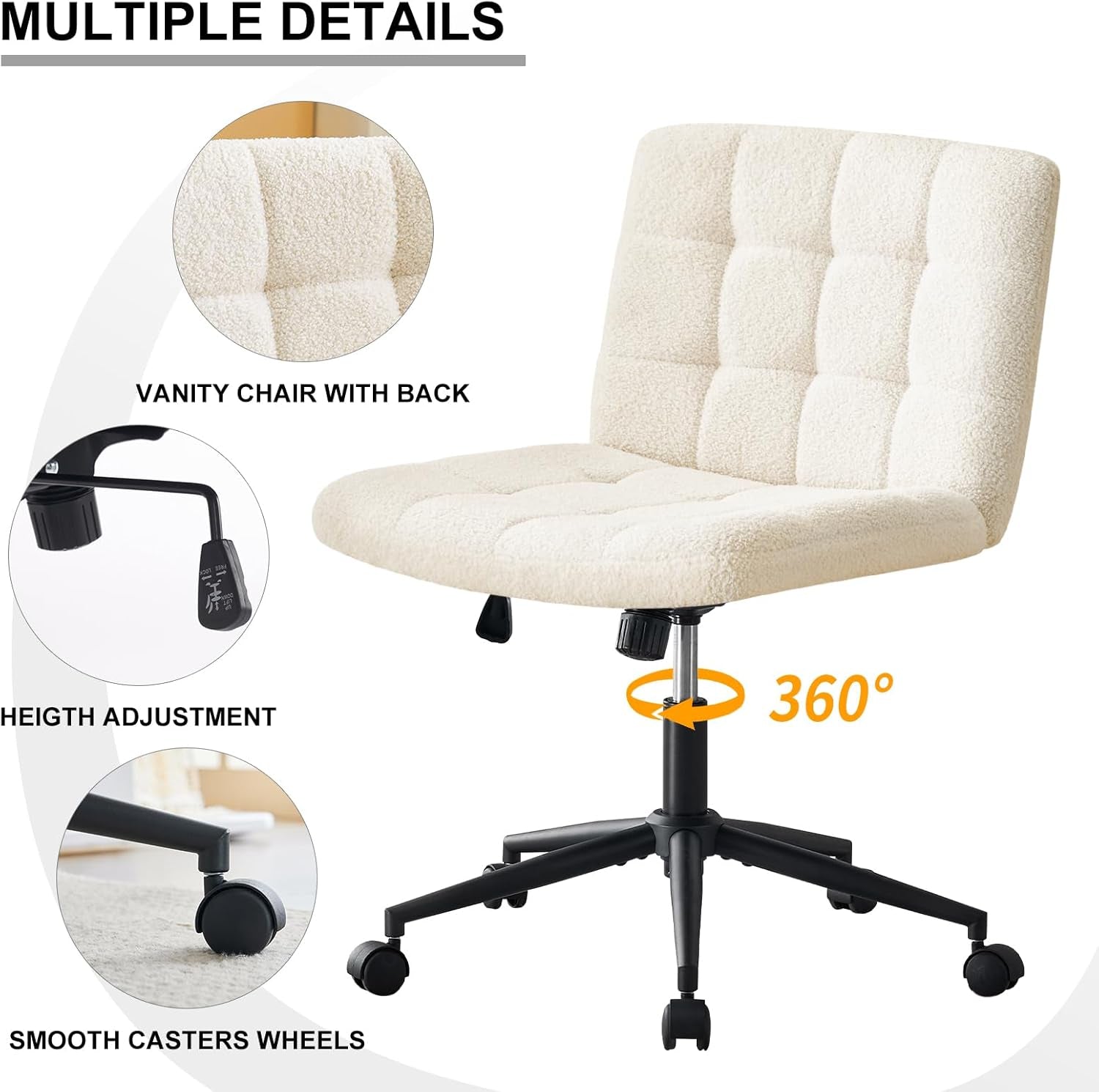 Swivel Criss Cross Legged Chair with Wheels for Home Office, Wide Armless Desk Chair Height Adjustable Comfy Seat for Desk,Vanity, Bedroom, Faux Fur White-4