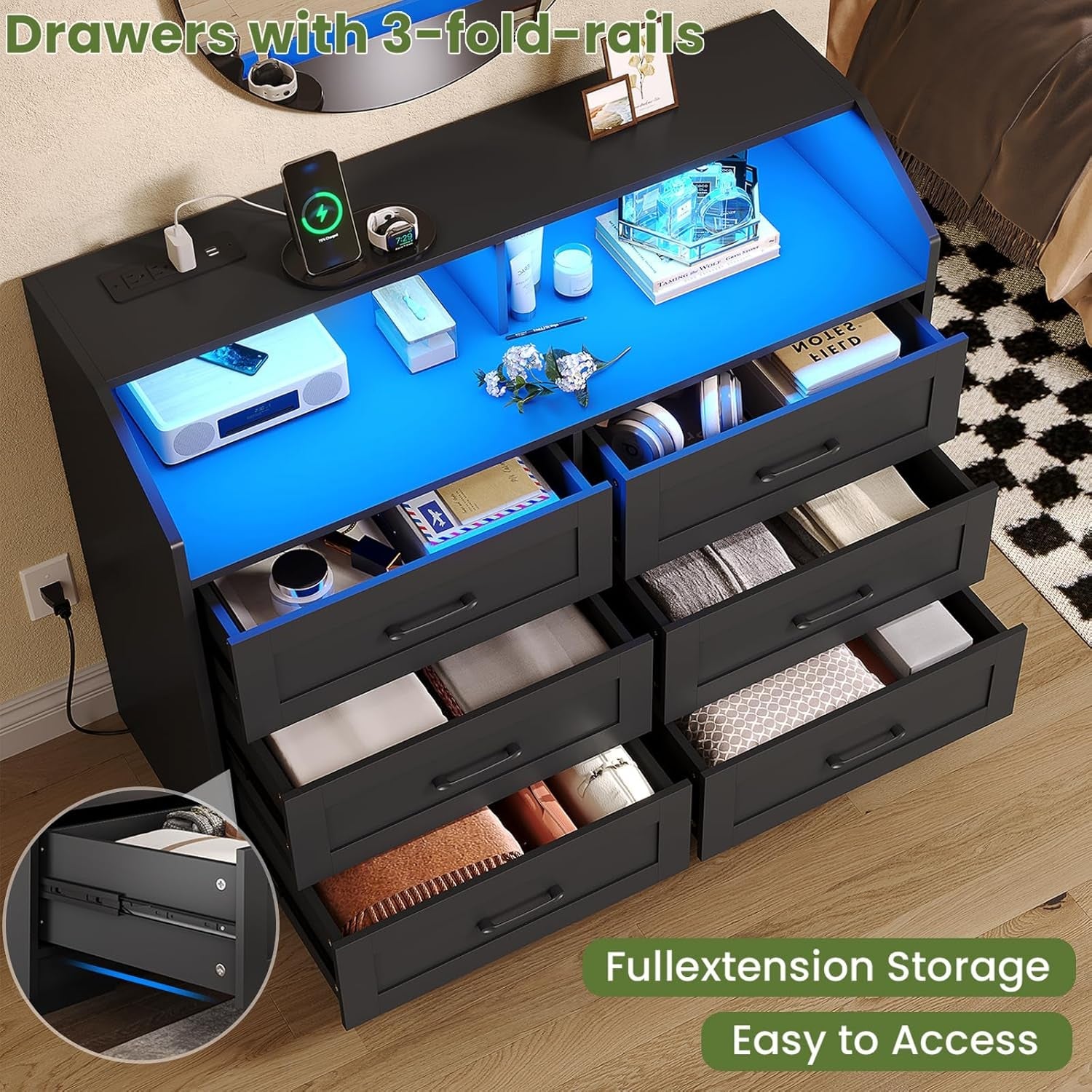 Black Dresser for Bedroom with LED Lights and Charging Station, Modern Wood 6 Drawers Storage Tower Clothes Organizer, Large Capacity Chest of Drawers Storage Cabinet for Bedroom, Living Room-2