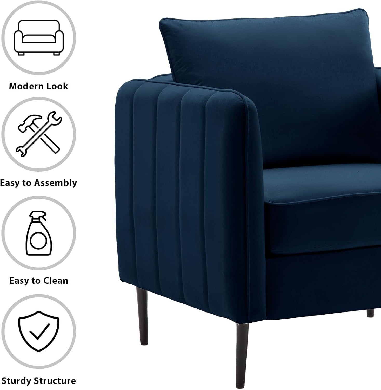 Modern Velvet Accent Chair, Single Sofa Chairs Armchair with Square Arm, Upholstered Accent Chairs for Living Room, Bedroom, Apartment (Navy Chair)-3