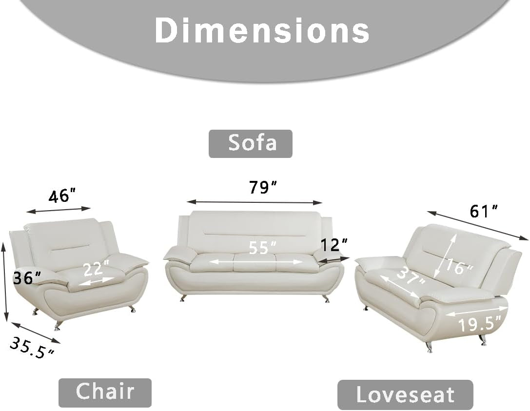Leather 2 Piece Sofa Set, Sectional Couch, Modern Sofa for Living Room, Bedroom - B-Creamy White-1