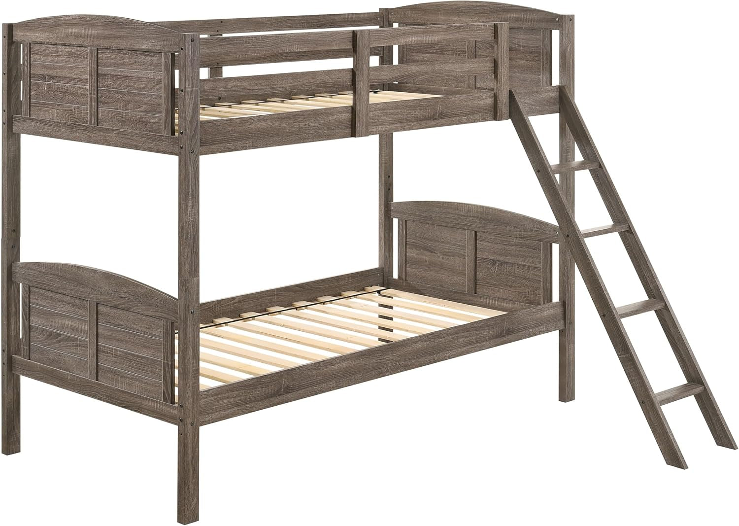 Flynn Farmhouse Wood Twin over Twin Size Bunk Bed Frame with Ladder and Guardrails Fully Slatted Mattress Ready Foundation Weathered Brown 400808-0
