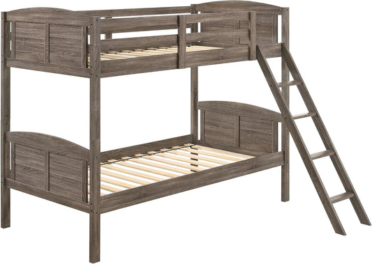 Flynn Farmhouse Wood Twin over Twin Size Bunk Bed Frame with Ladder and Guardrails Fully Slatted Mattress Ready Foundation Weathered Brown 400808-0