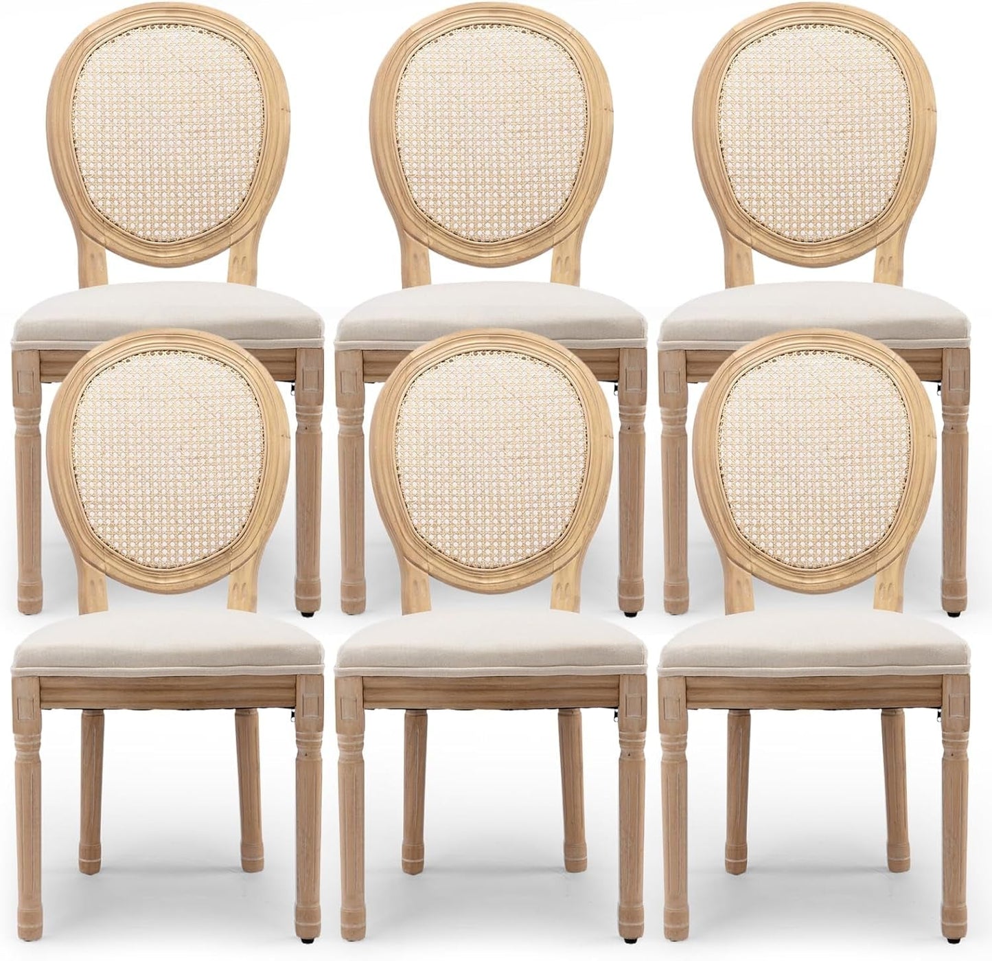 Rattan Back Upholstered Dining Chairs Set of 6 French Country Oval Kitchen Side Chairs with Wood Legs for Dining Room, Kitchen, Restaurant(Beige-Rattan)-0