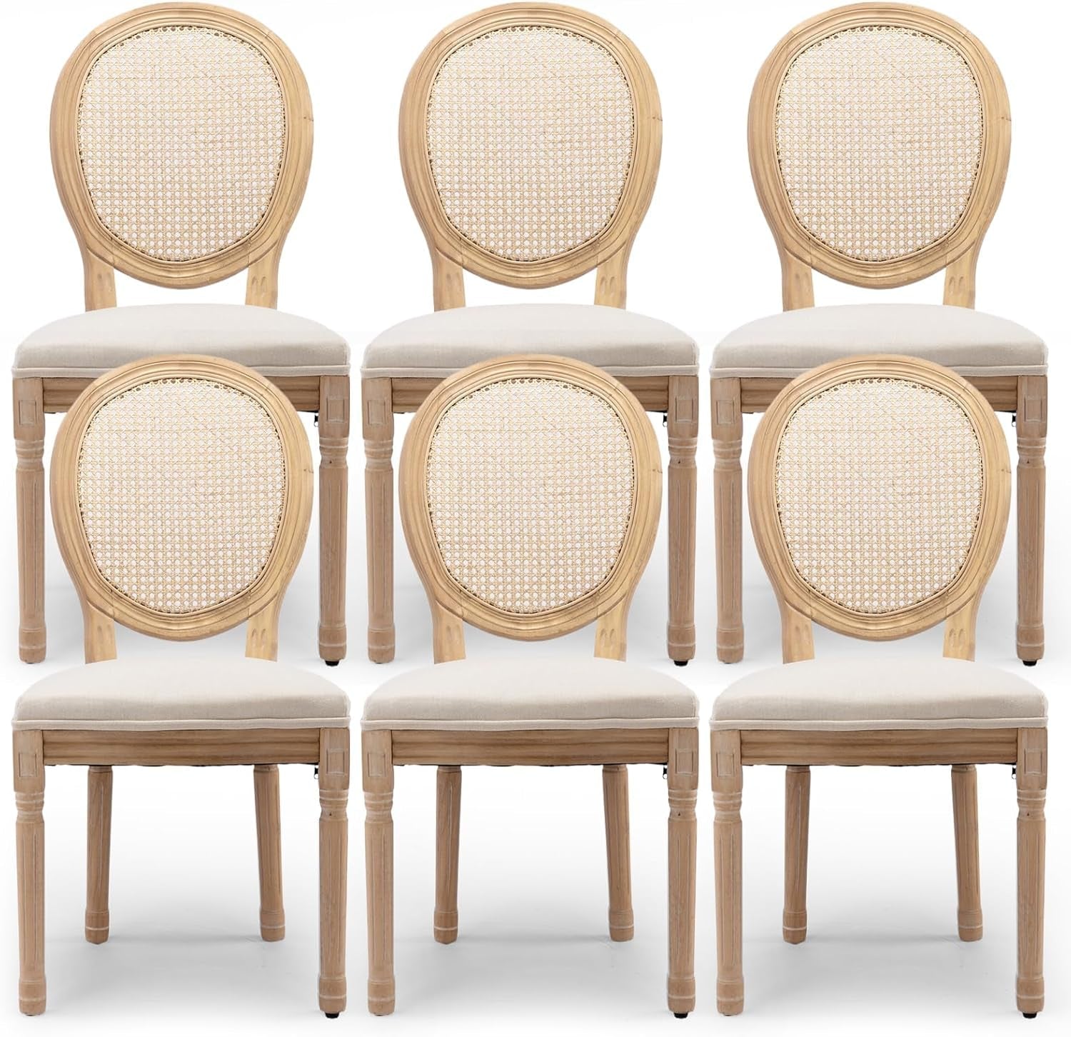 Rattan Back Upholstered Dining Chairs Set of 6 French Country Oval Kitchen Side Chairs with Wood Legs for Dining Room, Kitchen, Restaurant(Beige-Rattan)-0