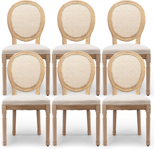 Rattan Back Upholstered Dining Chairs Set of 6 French Country Oval Kitchen Side Chairs with Wood Legs for Dining Room, Kitchen, Restaurant(Beige-Rattan)-0
