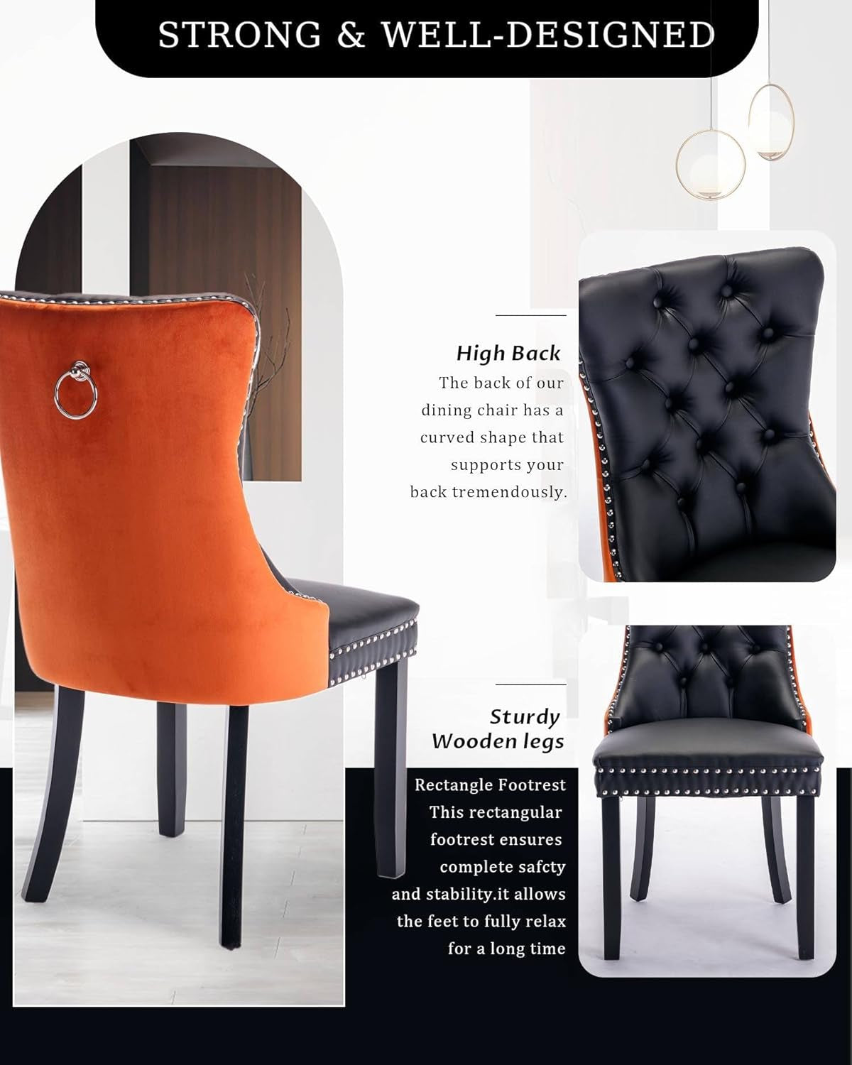 Leather Dining Chair Set of 2 Upholstered Tufted Dining Room Chair with Nailhead Trim and Solid Wood Legs for Kitchen, Restaurant, Black&Orange-3