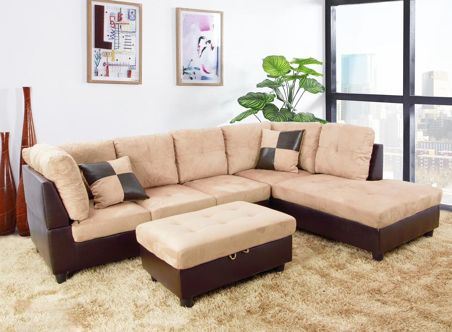 Beige Sectional Couch for Living Room Set, 105 Inch Sectional Sofa L Shaped Couch with Storage Ottoman/Microfiber Fabric/Facing Right Chaise-0