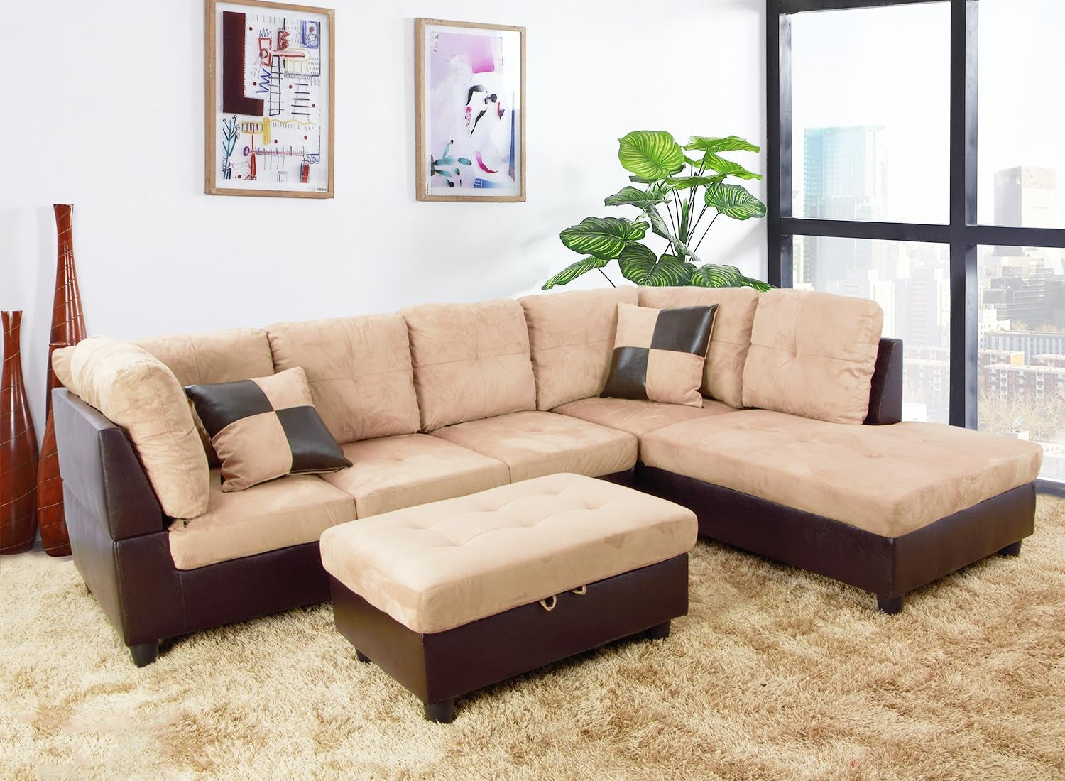 Beige Sectional Couch for Living Room Set, 105 Inch Sectional Sofa L Shaped Couch with Storage Ottoman/Microfiber Fabric/Facing Right Chaise-0