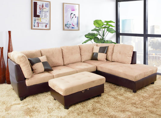 Beige Sectional Couch for Living Room Set, 105 Inch Sectional Sofa L Shaped Couch with Storage Ottoman/Microfiber Fabric/Facing Right Chaise-0