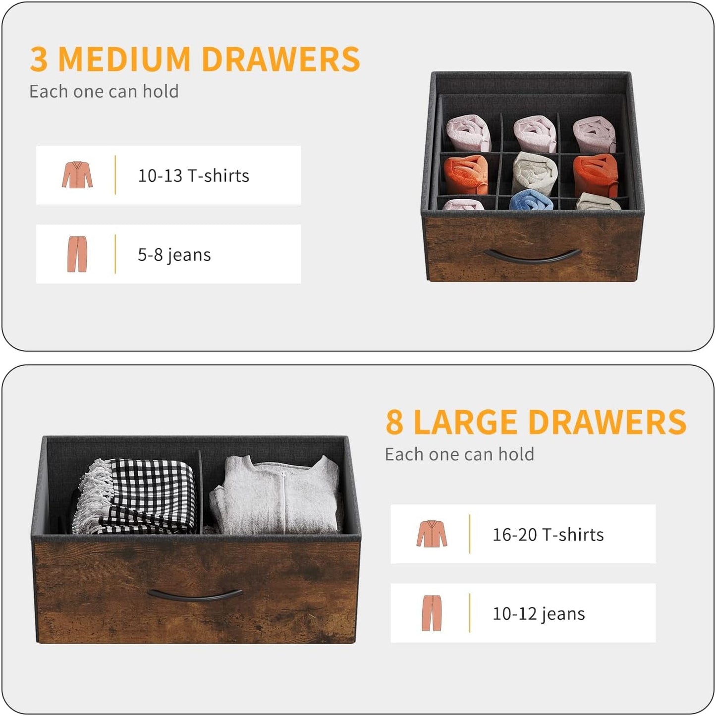 Dresser for Bedroom with 11 Drawer, Dressers & Chests of Drawers with Side Pockets, Hooks, Fabric Storage Drawer, Steel Frame, Wood Top, Organizer Unit and Pull Handle for Closet.-4