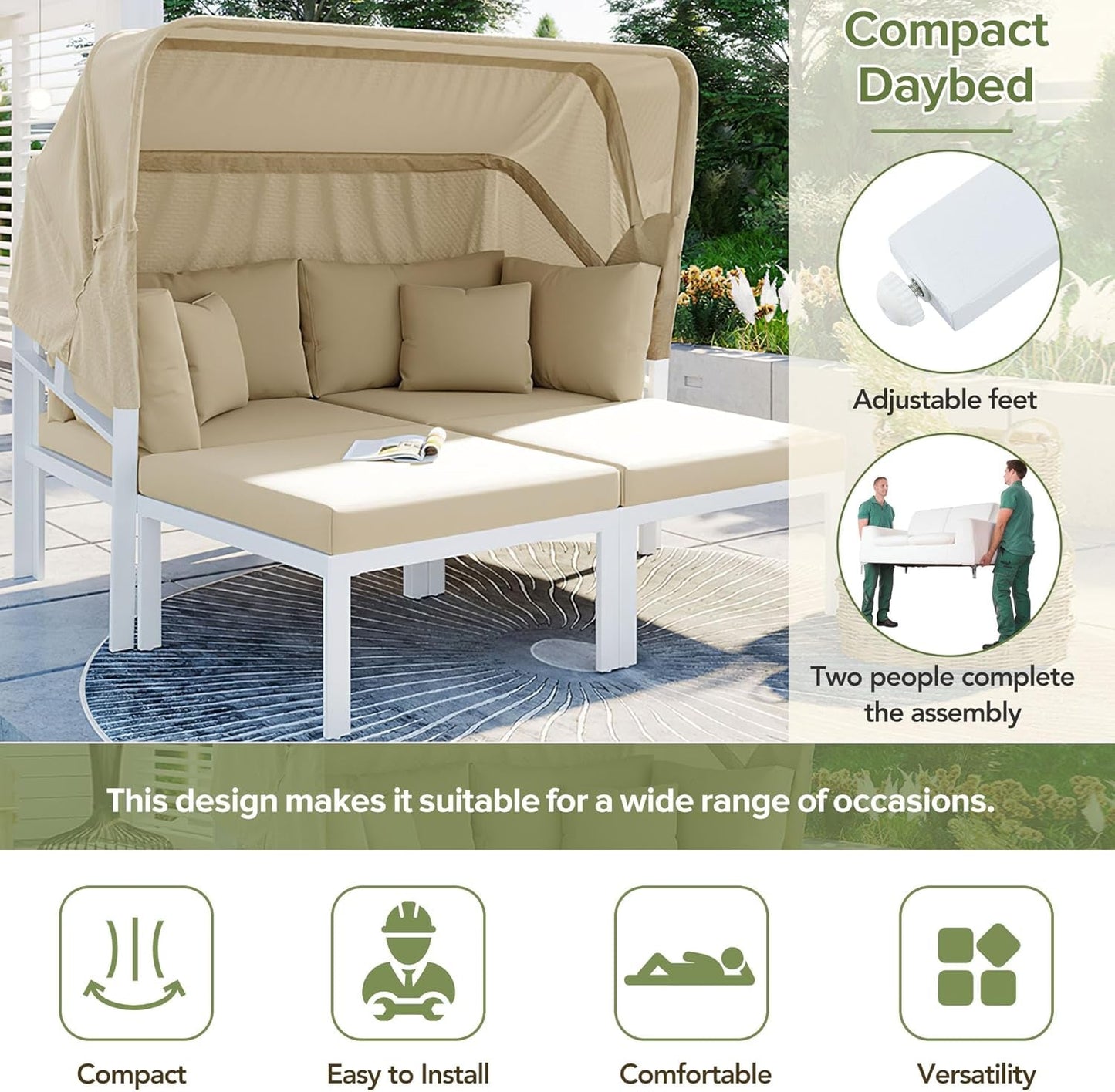 3-Piece Patio Daybed with Retractable Canopy and Cushions, Outdoor Metal Sectional Sofa Set Sun Lounger for Backyard, Porch, Poolside, Beige-2