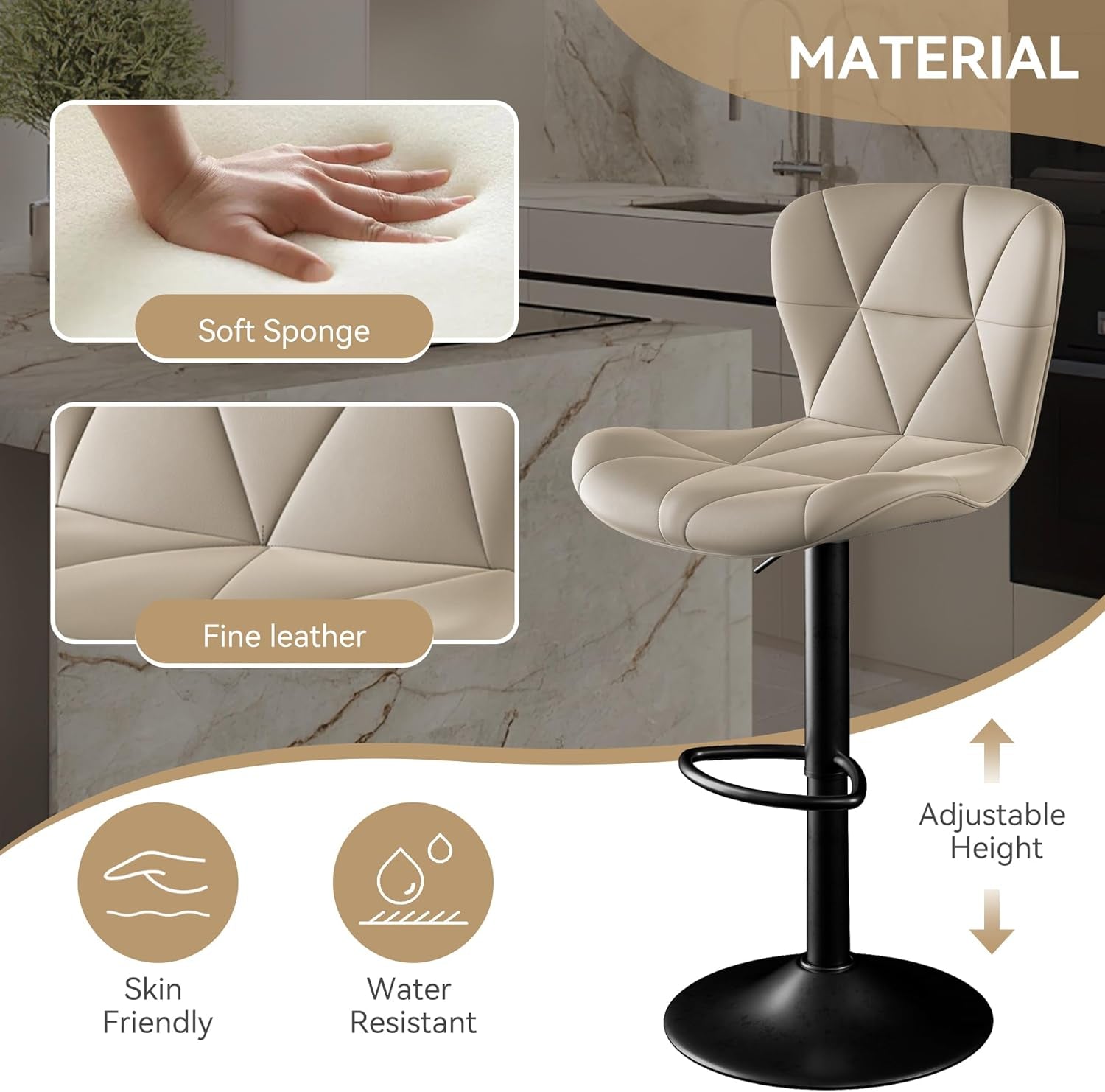 Bar Stools Set of 2,Adjustable Swivel Barstools, Faux Leather Bar Chairs,Upholstered Counter Height with High Backrest for Kitchen Island,Khaki-3