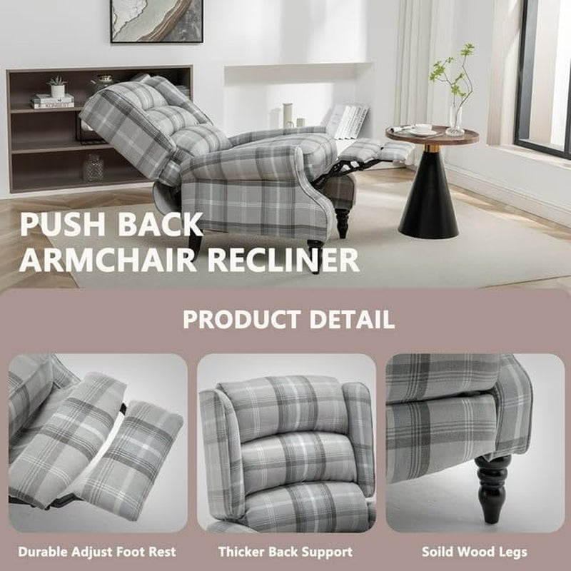 Upholstered Wingback Recliner Chair, Plaid Recliner Chair Armchair Adjustable Footrest Push Back Reclining Sofa, Mid-Century Modern Lounge Armchair for Living Room, Bedroom, Reading - Blue-2