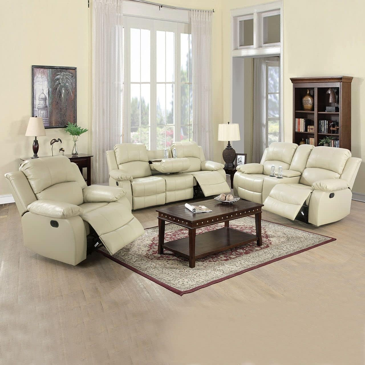 Leather Recliner Sofa Set，Leather Reclining Sofa Set for Living Room Furniture Sets，Beige Recliner Couch Set for Living Room/Office/Theater Seating(Sofa Set 3 Pieces)-0