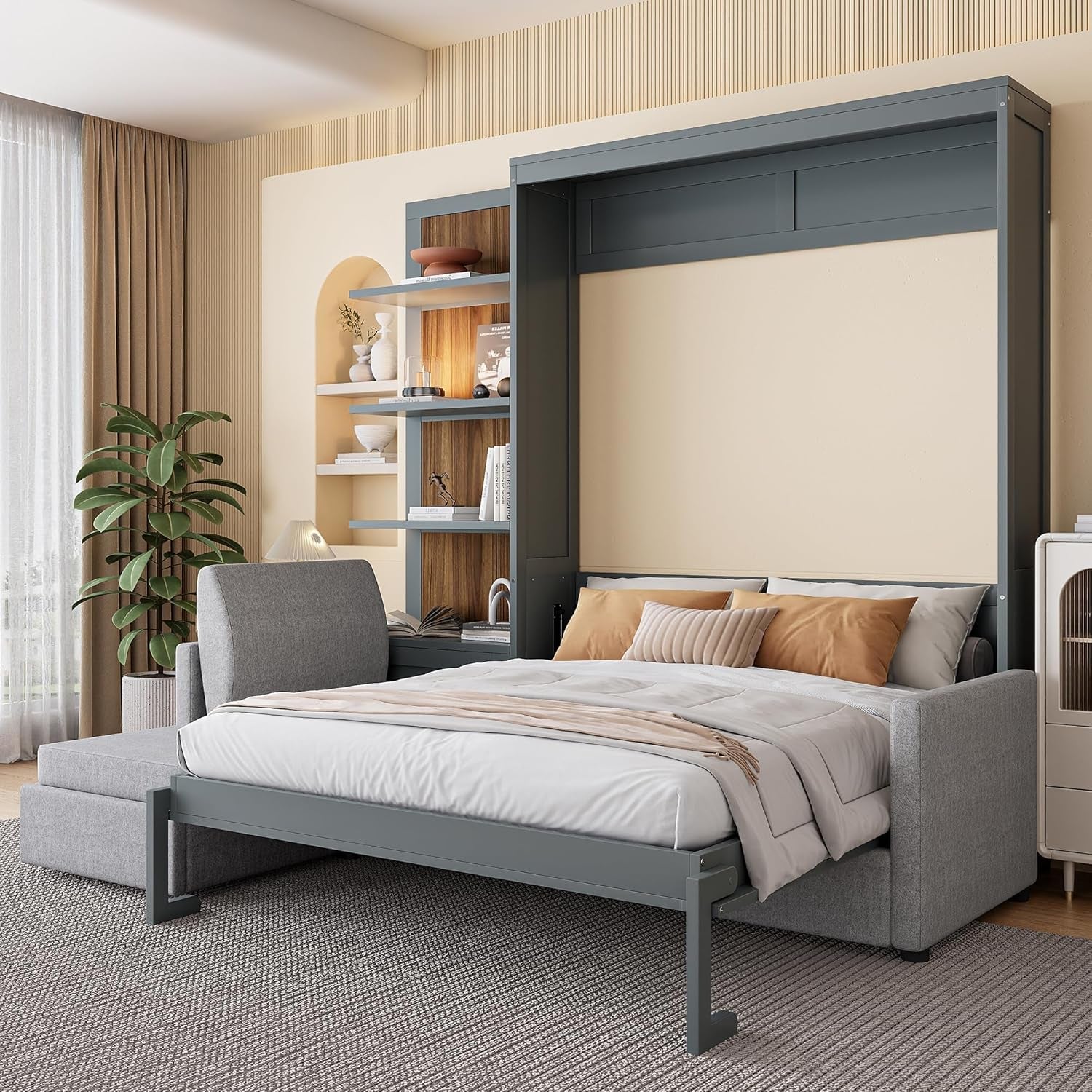 Queen Size Murphy Bed with Sofa and Shelves, Gray-2
