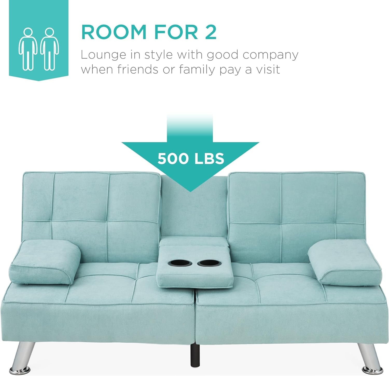 Linen Modern Folding Futon, Reclining Sofa Bed for Apartment, Dorm W/Removable Armrests, 2 Cupholders - Aqua-3