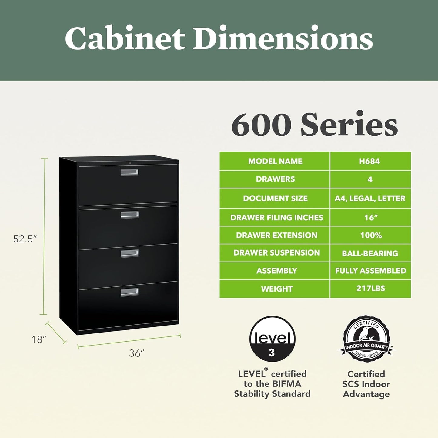 Adjustable Hangrails for A4, Legal, Letter Files Lock-600 Series Lateral Office Storage Locking Metal Cabinet 36" W X 18" D, 4 Drawers, Black-1