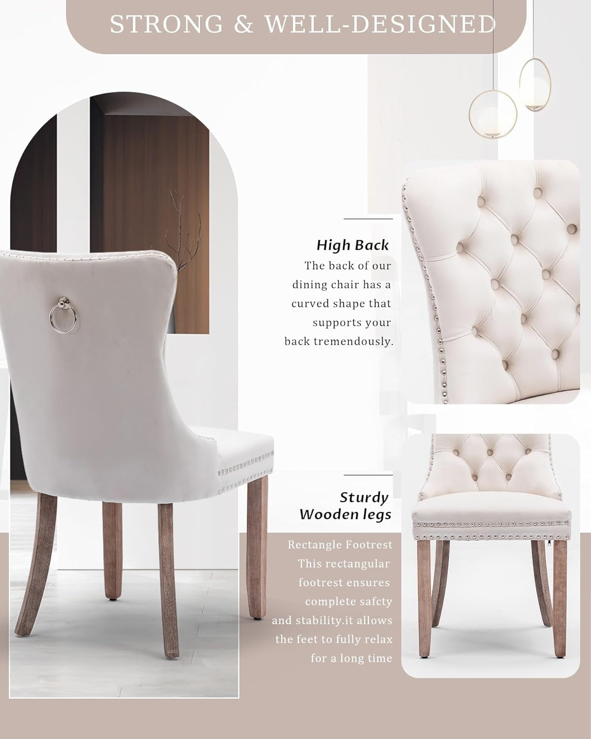 Velvet Dining Chair Set of 2 Upholstered Tufted Dining Room Chair with Nailhead Trim and Solid Wood Legs for Kitchen, Restaurant,Beige-3