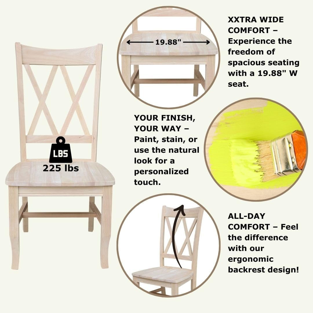 Set of Two Solid Parawood Dining Chairs, Traditional Double X-Back, Armless, Premium, Diy-Ready for Custom Kitchen/Dining/Accent Spaces, Unfinished-4
