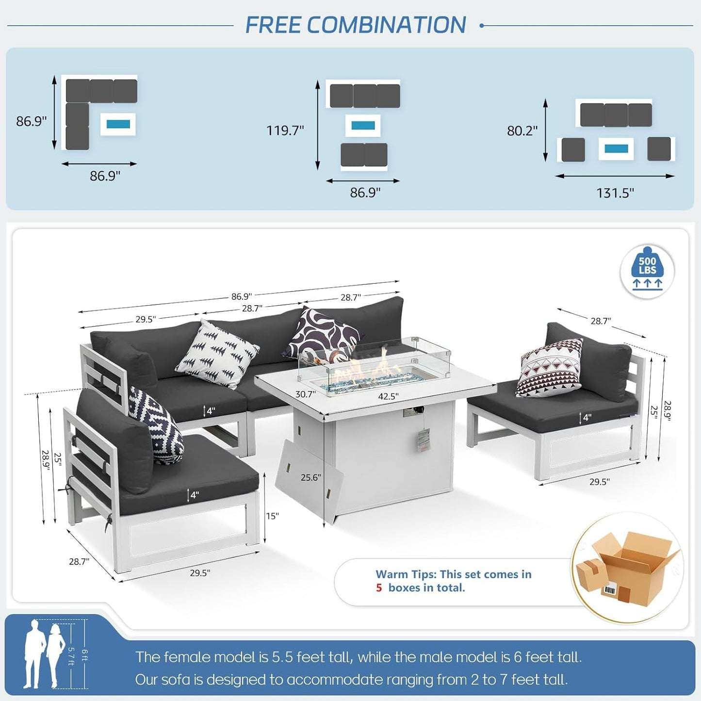 ® Modern Large White Aluminum Outdoor Patio Furniture Set with Propane/Natural Gas Fire Pit Table, 29'' Deep Wide Seating Conversation Sofa L Shaped Sectional Couch Set (6 Pieces, 5 Seats)-3