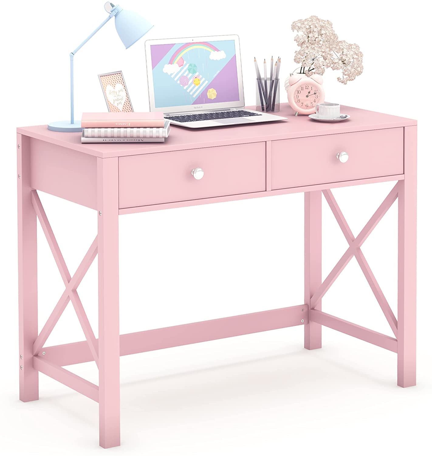 Pink Modern Writing Computer Desk with Drawers-1