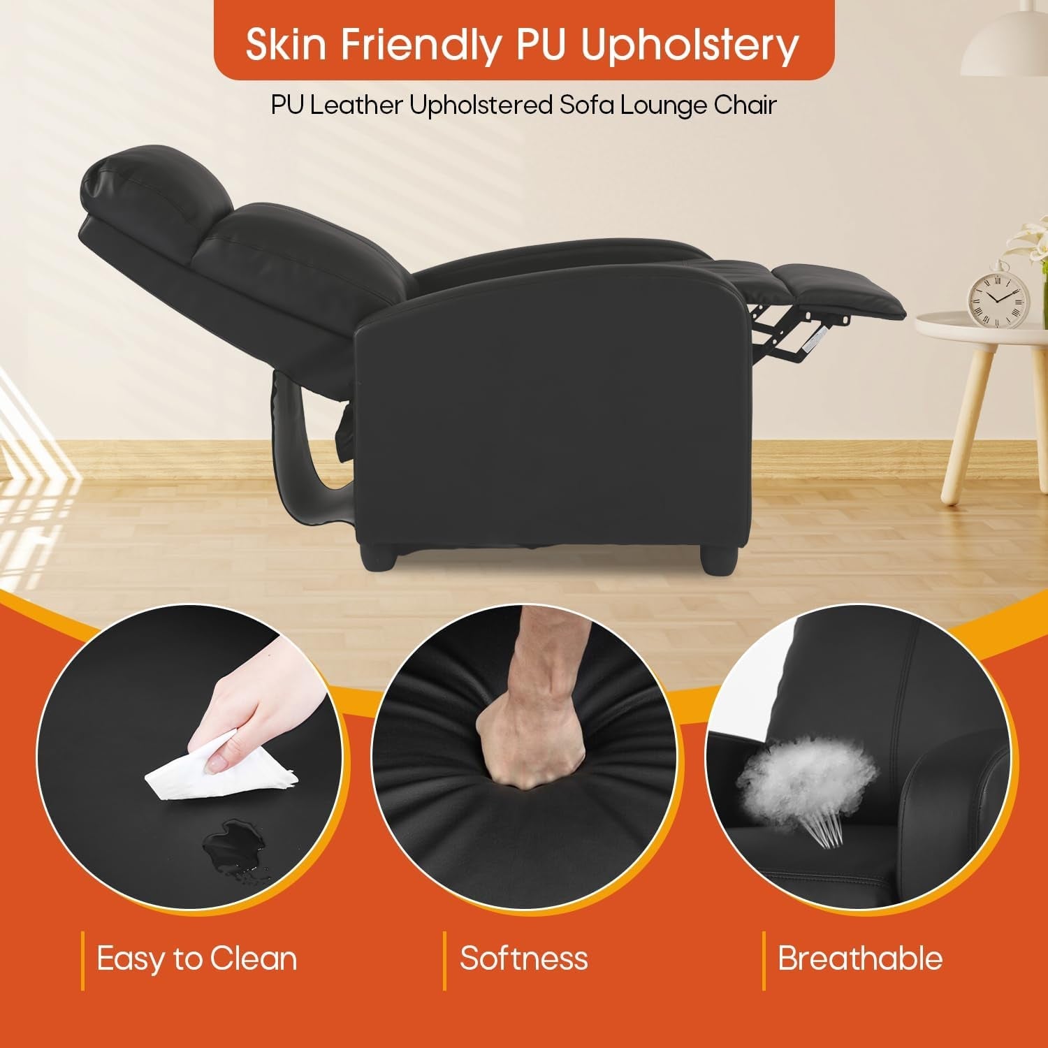 Recliner Chair PU Leather Recliner Sofa Home Theater Seating with Lumbar Support Overstuffed High-Density Sponge Push Back Recliners Armchair for Living Room,Black-4