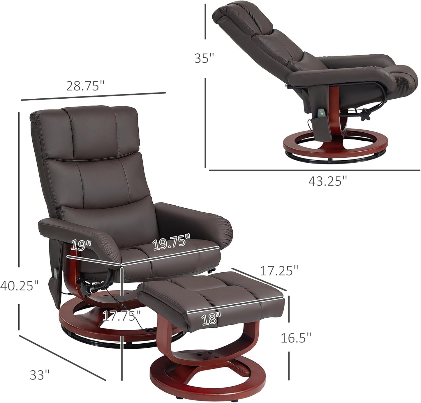 Massage Recliner Chair with Ottoman, Swivel Recliner and Footrest, Faux Leather Reclining Chair with Remote Control and Side Pocket, Brown-2