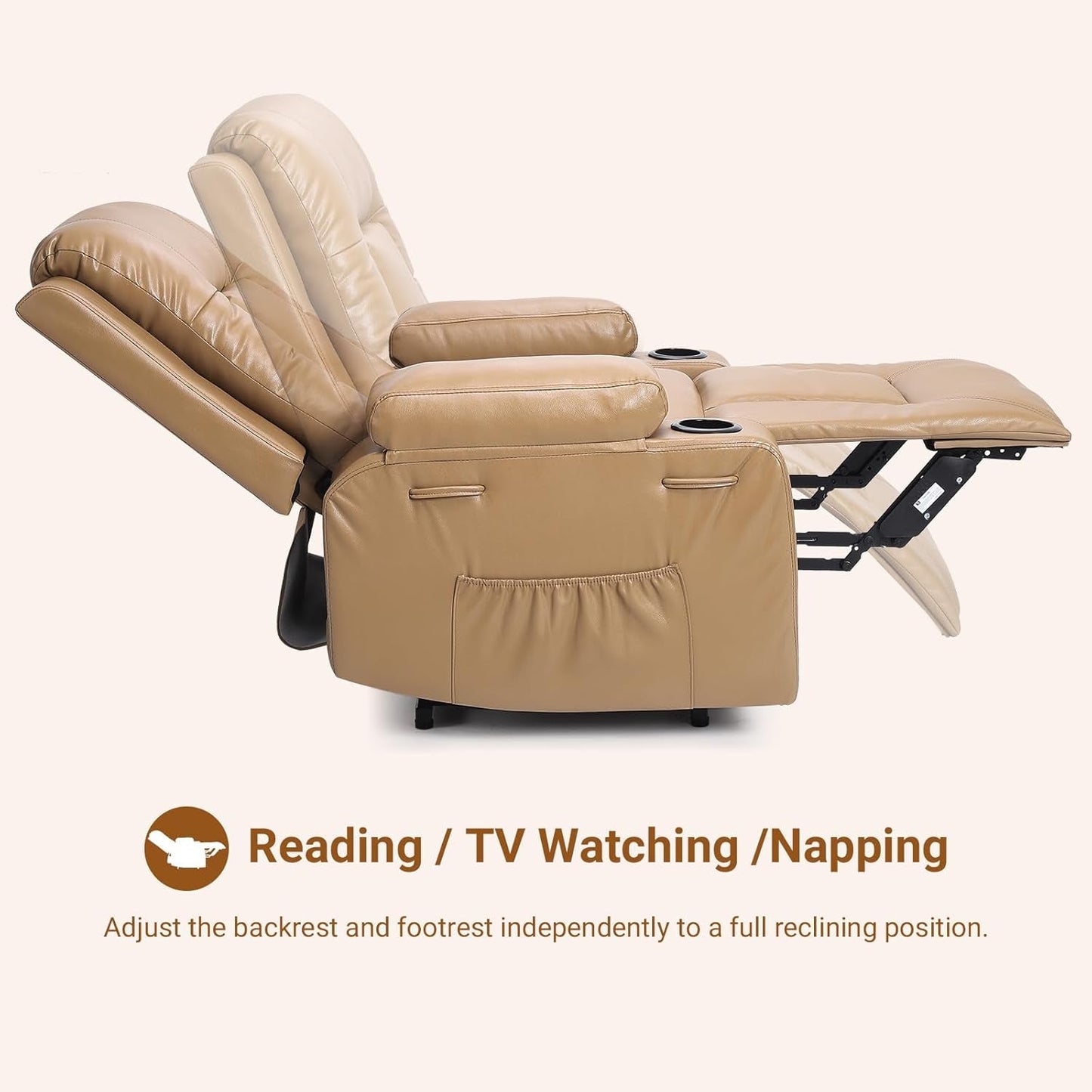 Power Lift Recliner Chair PU Leather with Massage for Elderly Ergonomic Lounge Chair Classic Single Sofa with 2 Cup Holders Side Pocket (Earthy Yellow, 22" Seat Width + Cup Holder)-4