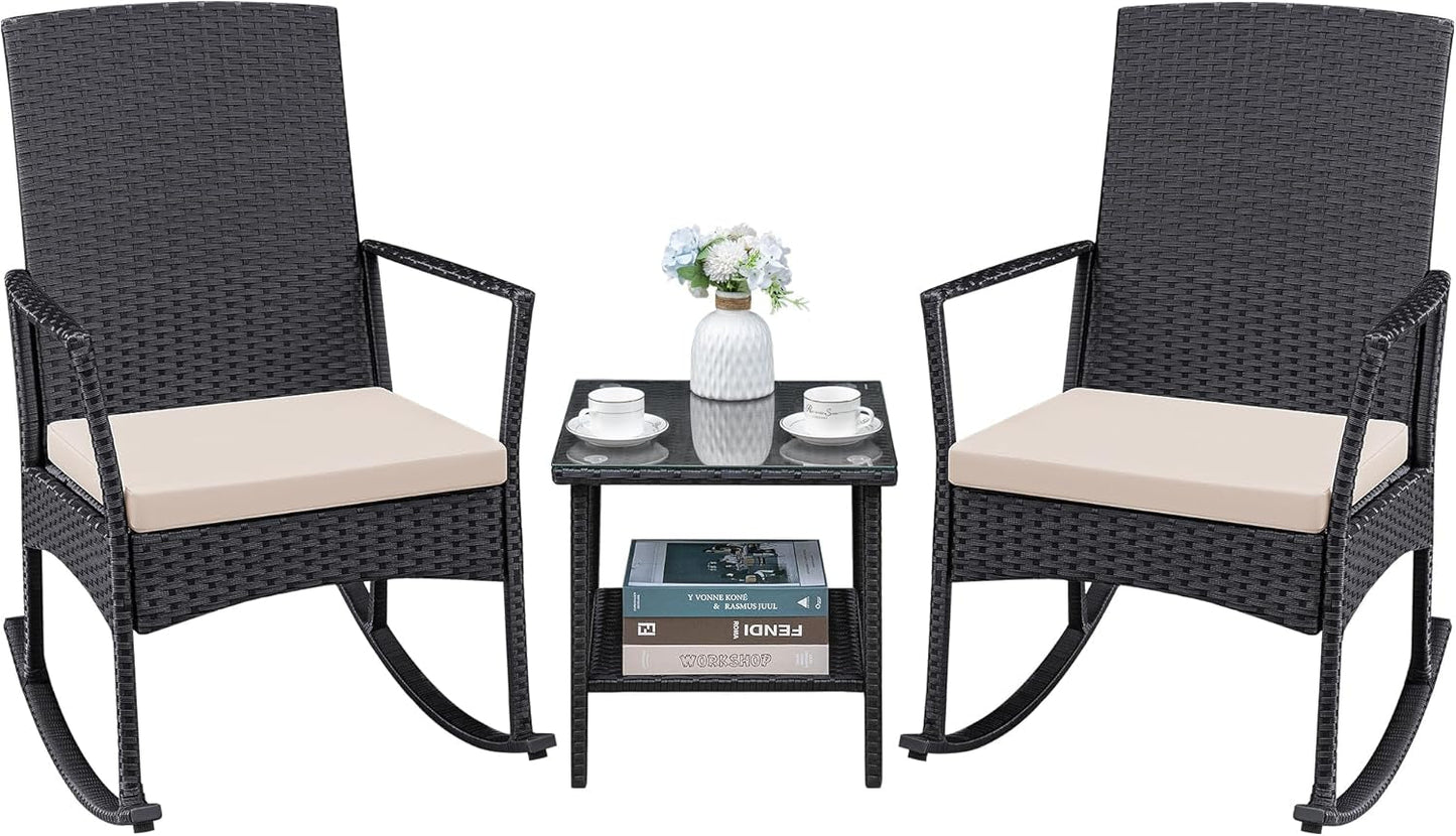 3 Pieces Patio Furniture Set Outdoor Wicker Rocking Chairs with Glass Coffee Table for Garden Backyard Porch Poolside, Beige-0