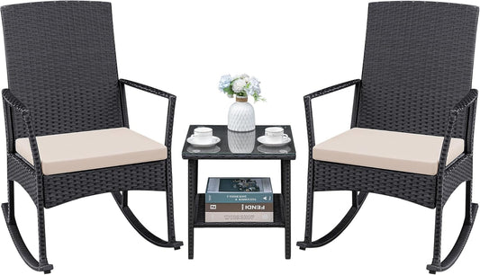 3 Pieces Patio Furniture Set Outdoor Wicker Rocking Chairs with Glass Coffee Table for Garden Backyard Porch Poolside, Beige-0