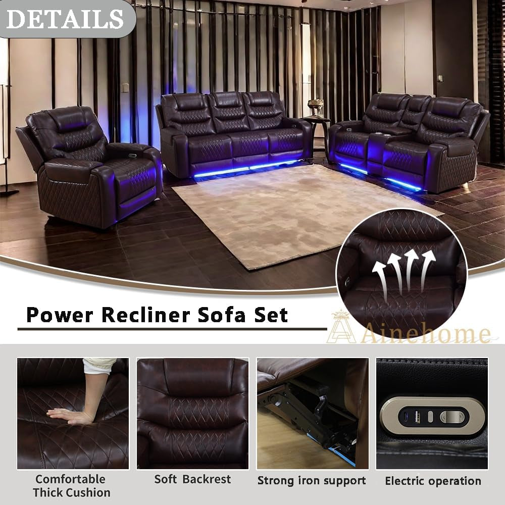 LED Power Recliner Sofa for Living Room Furniture Set, Leather Sectional Sofa Set, Reclining Sofa and Loveseat with USB Port/Storage Console/Cup Holders(Dark Brown 3-Piece Set)-4