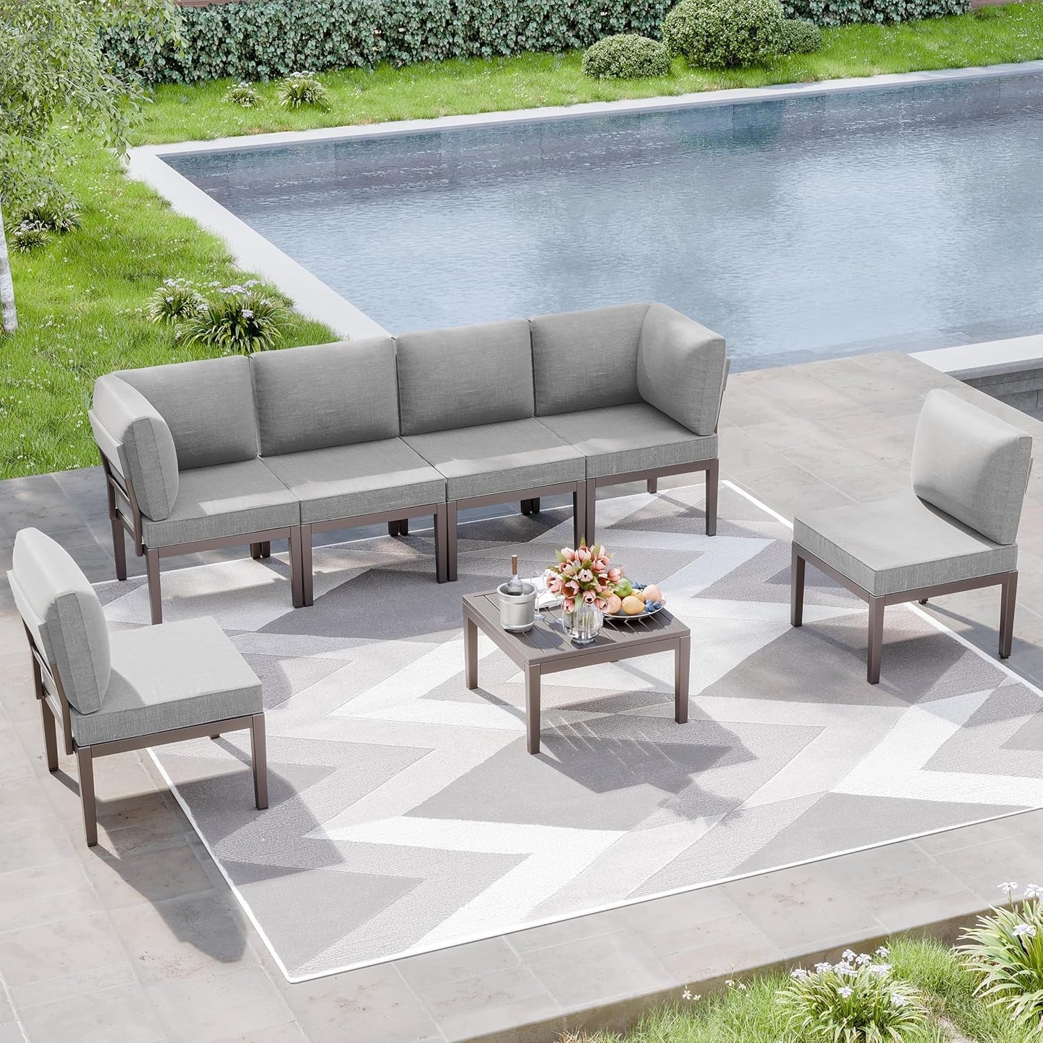 Grey Metal 7-Piece Modern Outdoor Conversation Set-0